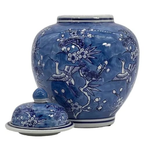 Blue & White Floral Crane Ceramic Ginger Jar 10" - Image 3