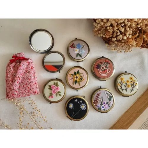 Hand-Embroidered Compact Mirror