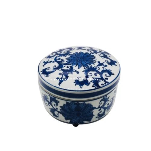 Blue & White Chinoiserie Round Ceramic Box - Lotus - Image 2