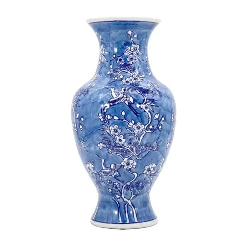 Blue & White Crane & Floral Chinoiserie Vase 14"