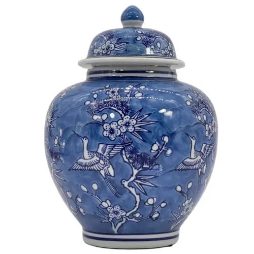 Blue & White Floral Crane Ceramic Ginger Jar 10"