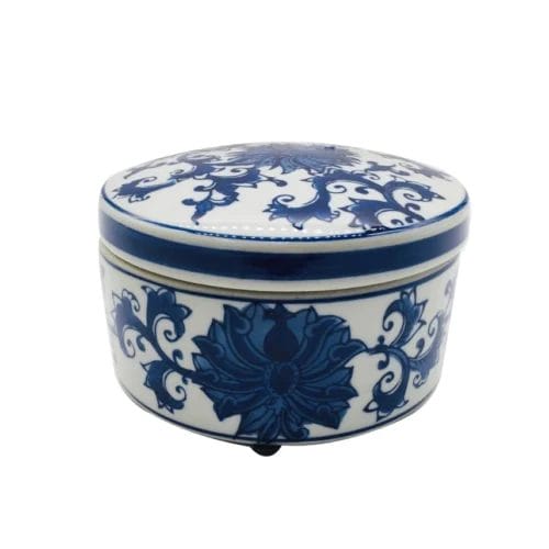 Blue & White Chinoiserie Round Ceramic Box - Lotus